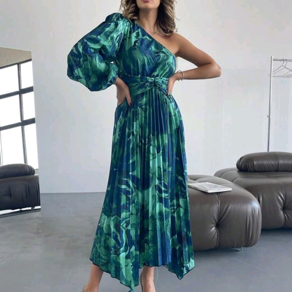 Shein Midi Dress Size 8/10 Large Blue Green Tropical Print One Shoulder